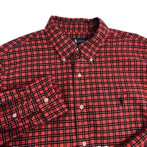 Ralph Lauren Red Black Plaid Button Down Shirt Men's L Cotton Long Sleeve Large